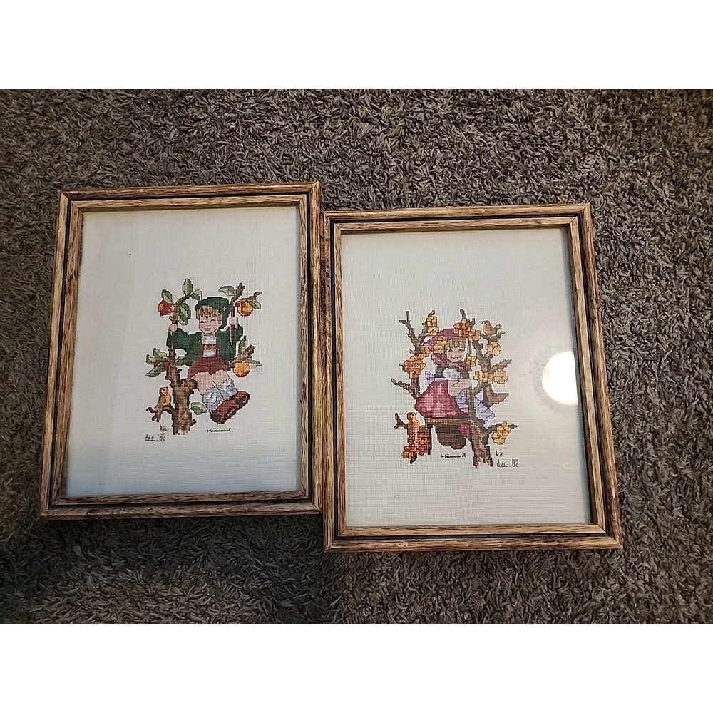 Vintage Goebel Hummel‎ Crewel Needlepoint 70s Framed Art Boy Girl Set 9" x 11"